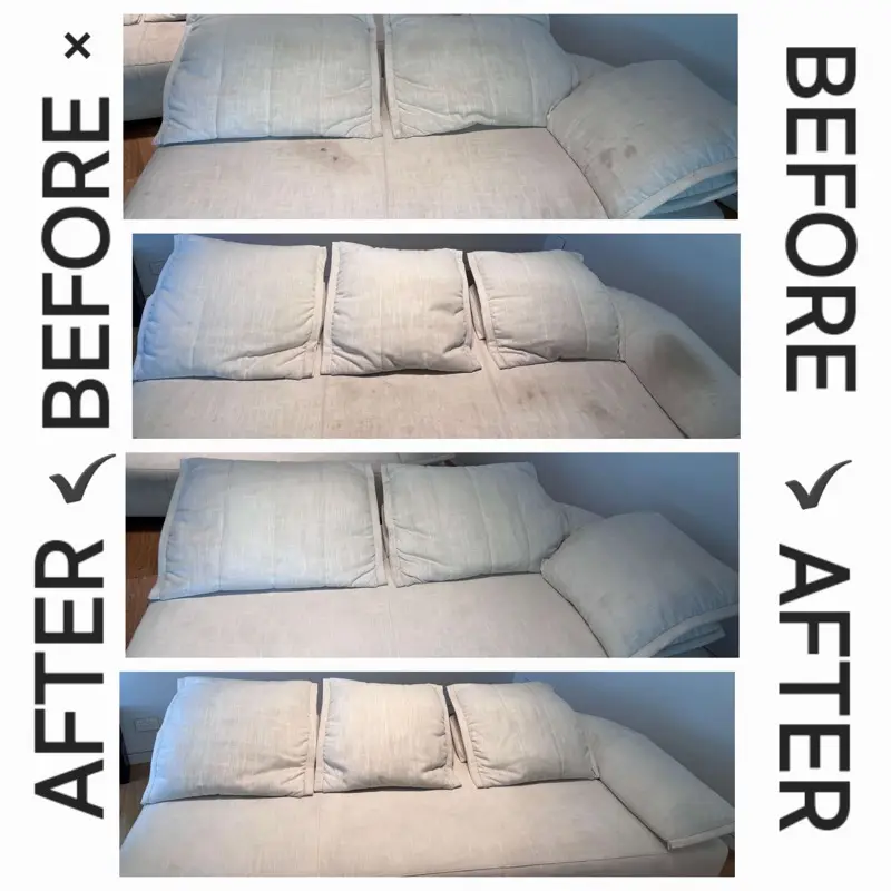 Before and after: Cream couch upholstery clean by SN Cleaning Services, Christchurch